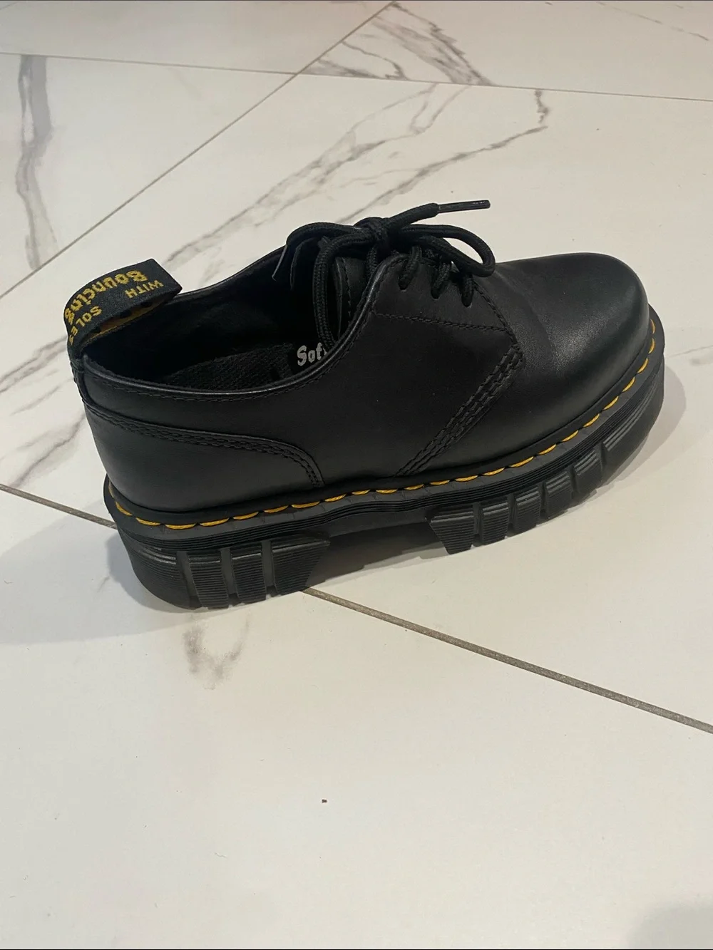 Dr. Martens Black Leather Chunky Platform Lace-Up Shoes with Yellow Stitching